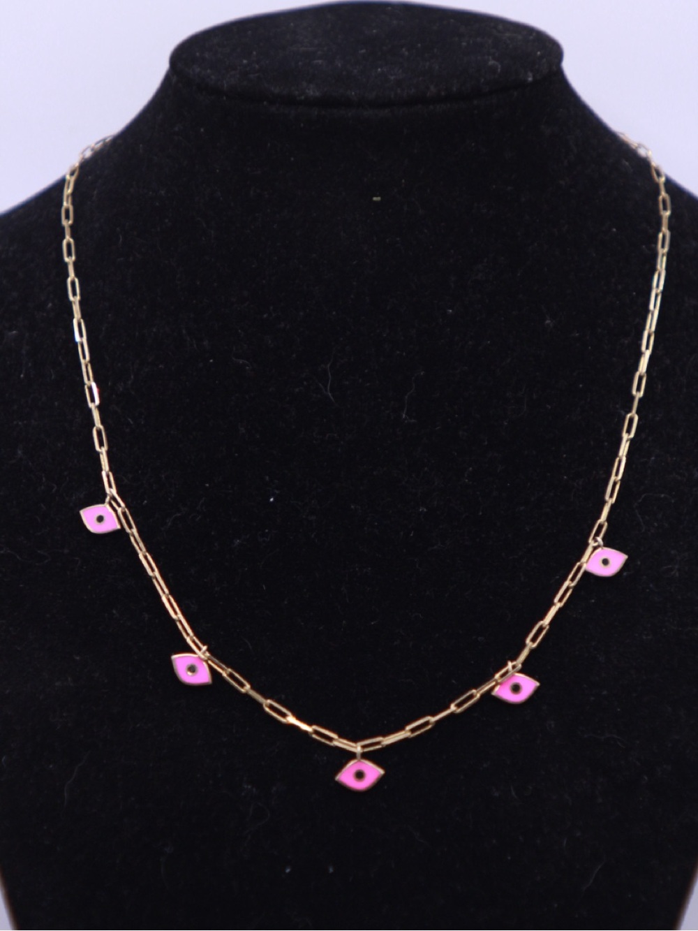 925 Sterling Silver Gold plated Chain Necklace with Pink Enamel Evil Eye Charms